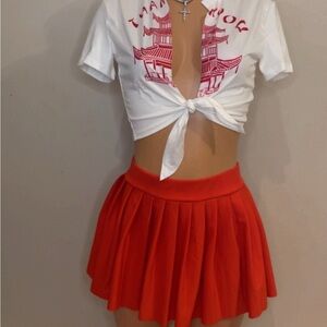 Red Mini Skater Skirt with Pleated Design for Casual Nights